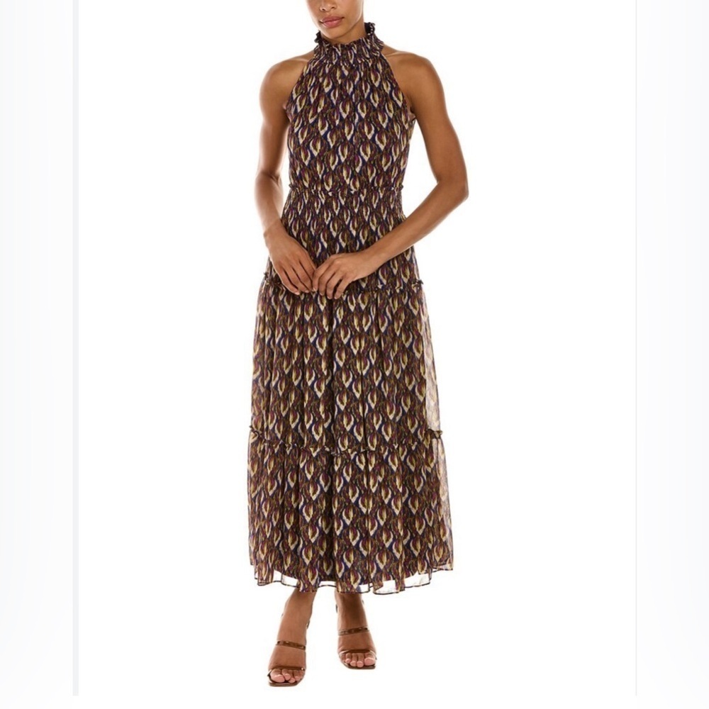 TAYLOR Navy/violet multi halter neck chiffon tiered dress size 8. - Picture 2 of 14